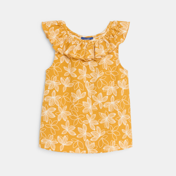 قميص داخلي مطبوع بياقة مكشكشة أصفر كاري للفتيات